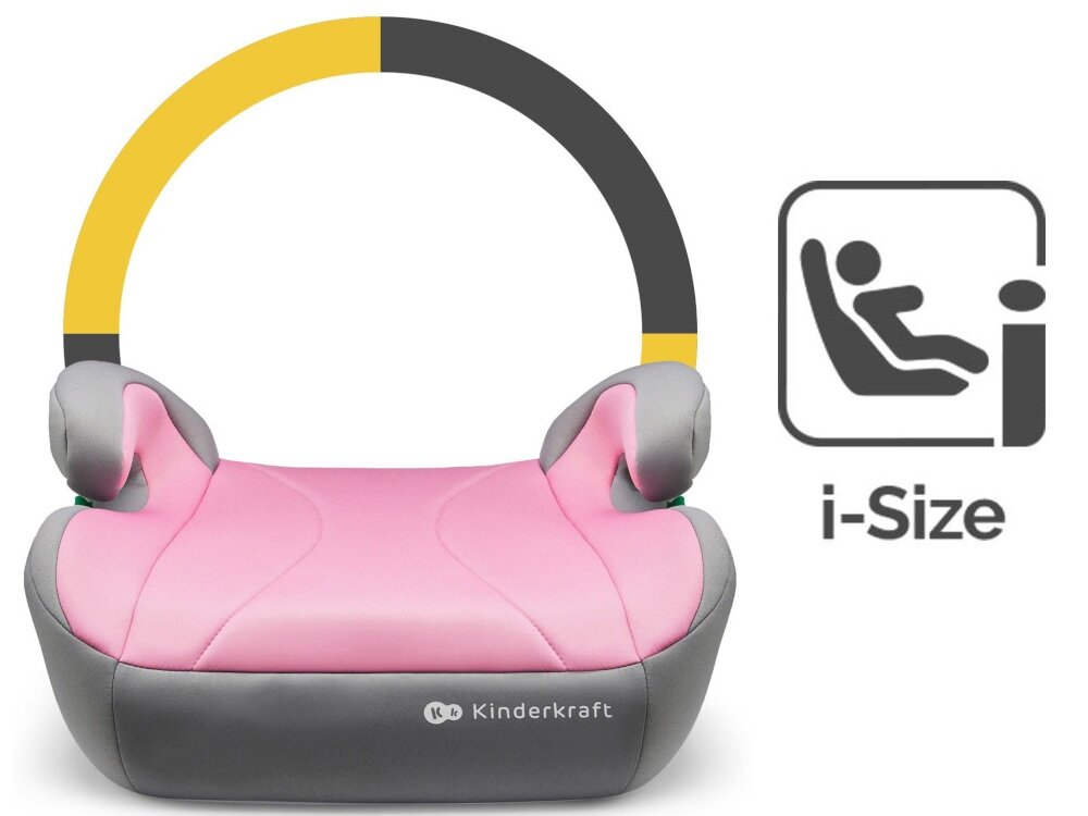 Podstawka samochodowa KINDERKRAFT I-Boost I-Size Różowy podstawka na białym tle widoczna od przodu obok znaczek I-Size homologacja ECE R129/02 standard i-Size dobór podstawki na podstawie wzrostu dziecka ułatwia właściwe dopasowanie siedziska do sylwetki wspiera prawidłowe prowadzenie pasów bezpieczeństwa dziecko korzysta z rozwiązania dostosowanego do aktualnego etapu rozwoju większe poczucie bezpieczeństwa