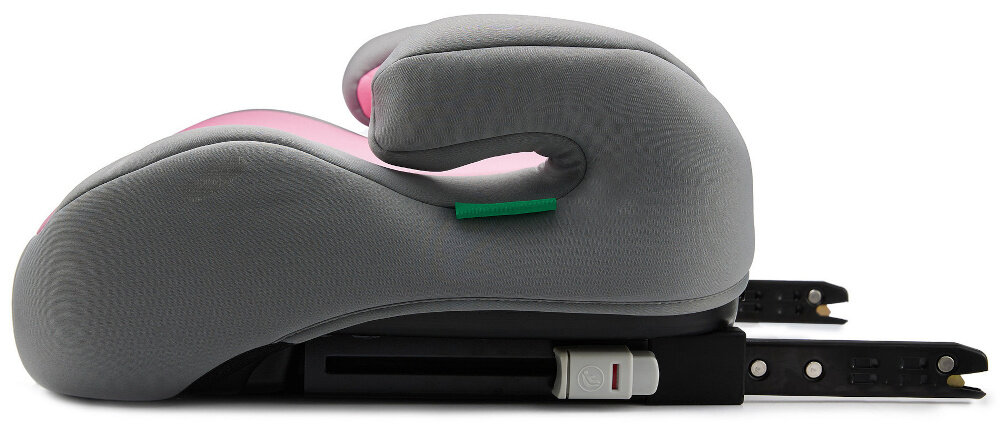Podstawka samochodowa KINDERKRAFT I-Boost I-Size Różowy podstawka na białym tle widoczna z boku system ISOFIX szybkie i pewne zamocowanie podstawki w pojeździe dziecko wraz z podstawką musi być zawsze przypięte 3-punktowymi pasami bezpieczeństwa samochodu stabilność siedziska i wygoda