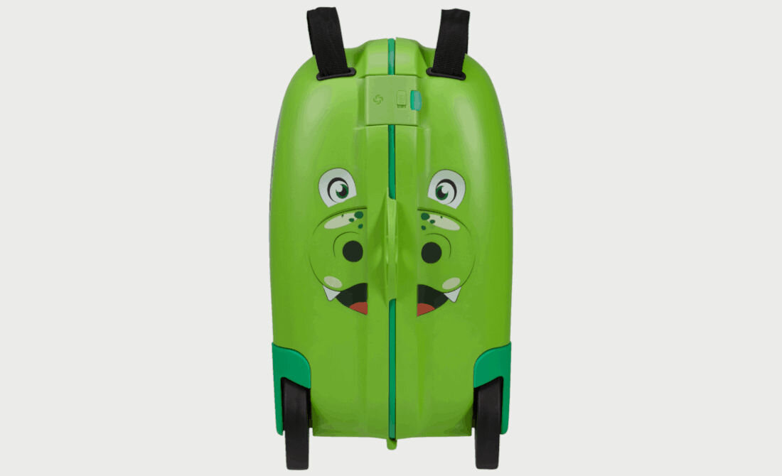WALIZKA SAMSONITE NA 4 KOŁACH DREAM2GO DINOSAUR 2 w 1 wesoły bagaż fantazyjny pojazd solidne kółka ergonomiczne uchwyty odczepiana smycz pasek na ramię