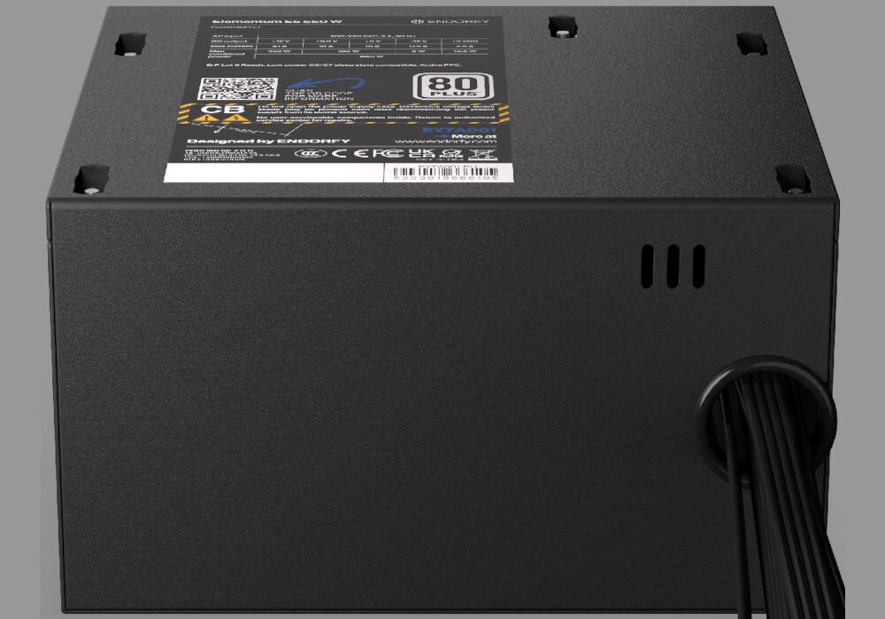 Zasilacz ENDORFY Elementum E5 350W 80 Plus szeroka gama złączy EPS12V 24-pin, EPS12V 4+4 (8-pin), 2 złącza MOLEX 4-pin, PCI-E 6+2 (8-pin),
4 złącza SATA produkt na szarym tle
