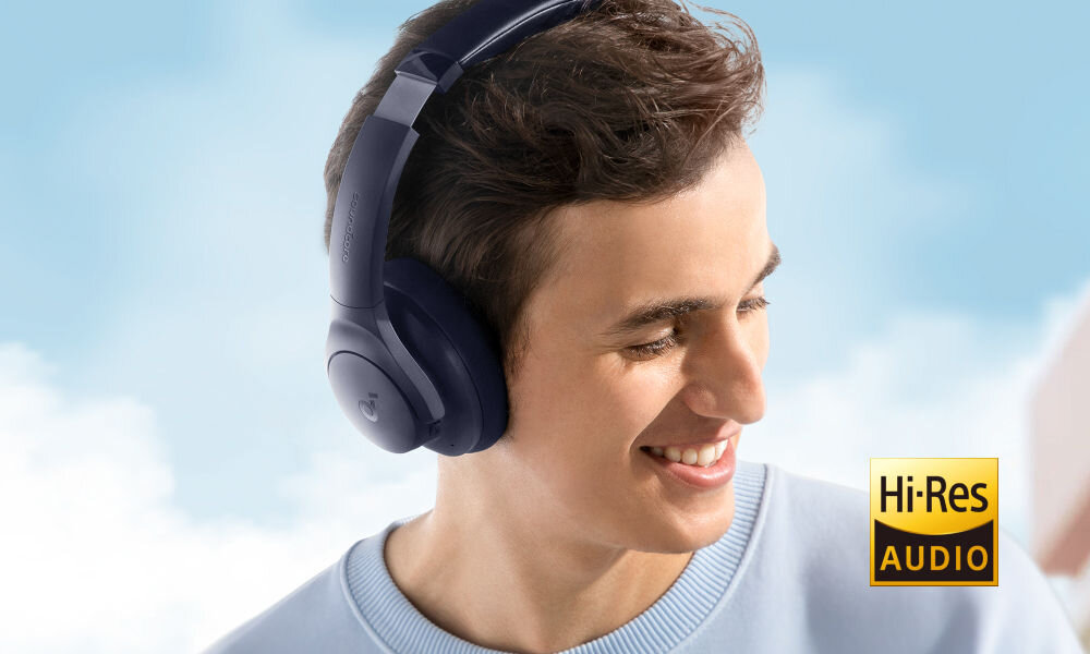 Słuchawki nauszne SOUNDCORE Q20i muzyka, dzwiek, sluchawki na niebieskim tle