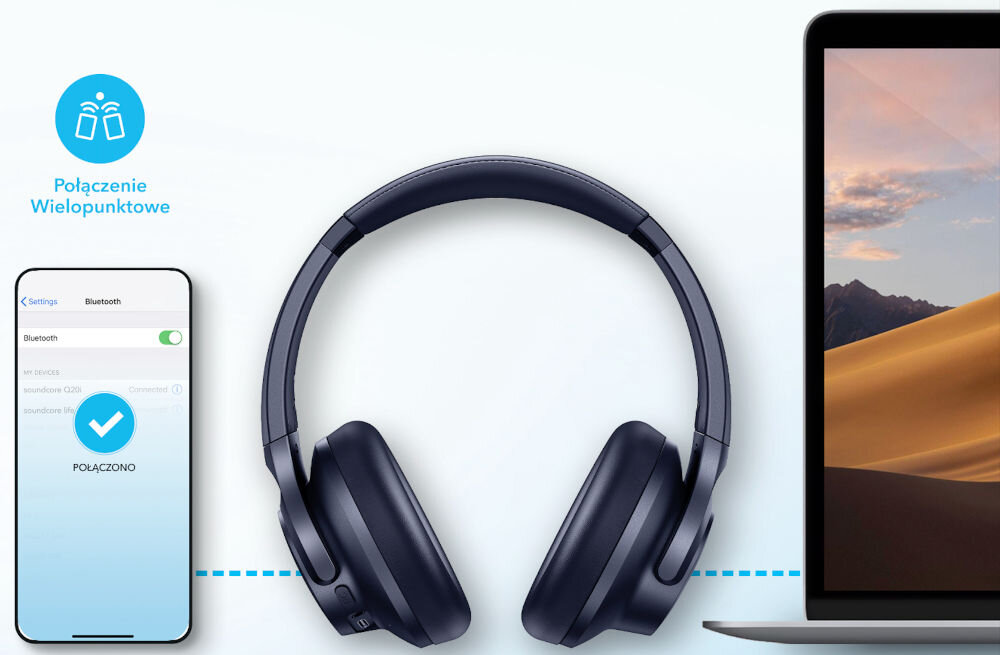 Słuchawki nauszne SOUNDCORE Q20i - bluetooth wersja podwojne polaczenie bluetooth