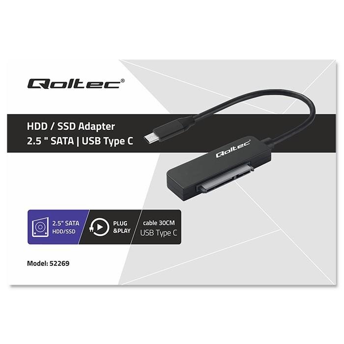 Obraz przedstawia opakowanie adaptera Qoltec z napisem \'HDD / SSD Adapter 2.5\