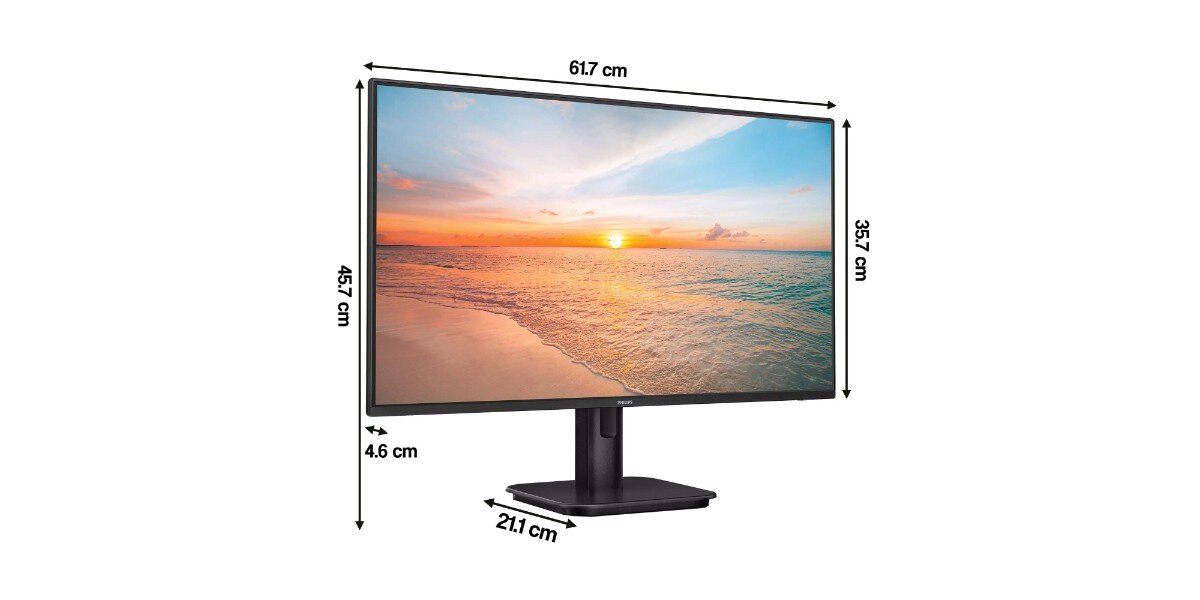 Monitor PHILIPS 27E1N1100A na białym tle - widoczne są wymiary monitora.
