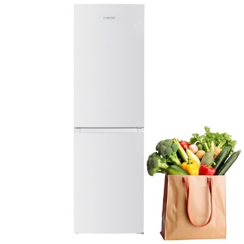 Lodówka MPM-248-FF-56, obok torba wypełniona warzywami.