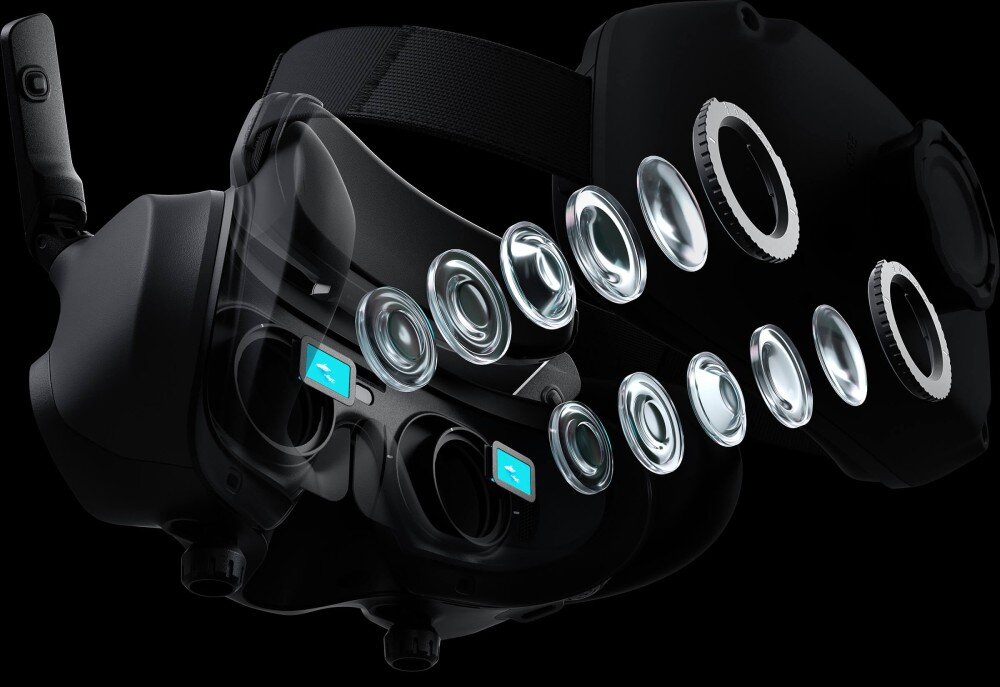 Gogle DJI Goggles 3 Grafika przedstawiająca wnętrze gogli z zaznaczonymi dwiema niebieskimi ikonami na soczewkach