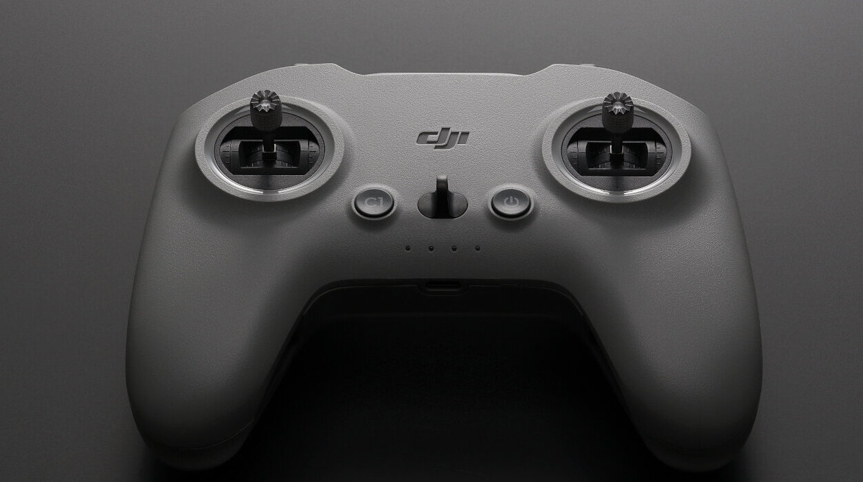 Kontroler DJI FPV Remote Controller 3 na ciemnym tle.