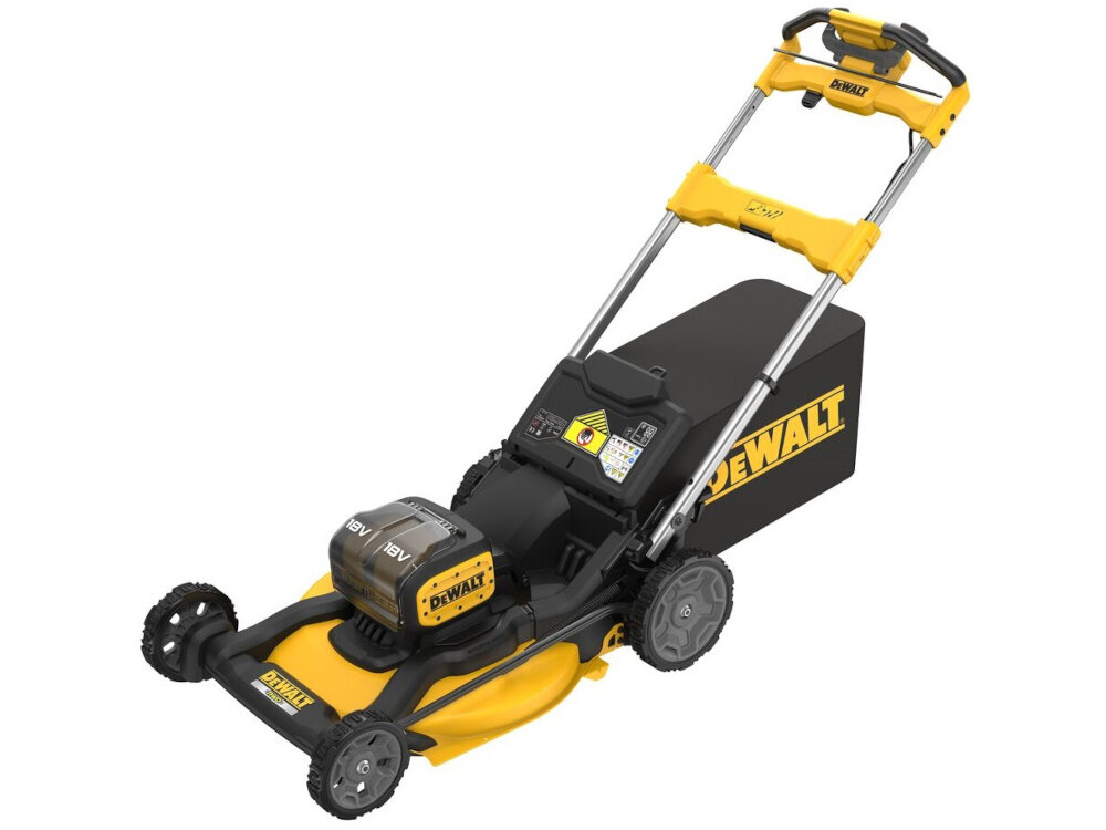 Kosiarka akumulatorowa DEWALT DCMWSP156N-XJ z napędem kosiarka na białym tle widoczna od przodu pod skosem system akumulatorowy 18 V XR wydajność porównywalna z kosiarkami przewodowymi swoboda pracy bez kabla stały poziom mocy większa elastyczność działania sprawniejsze koszenie wymaga dwóch akumulatorów do działania akumulator o pojemności 8,0 Ah umożliwia do 64 minut pracy na jednym ładowaniu