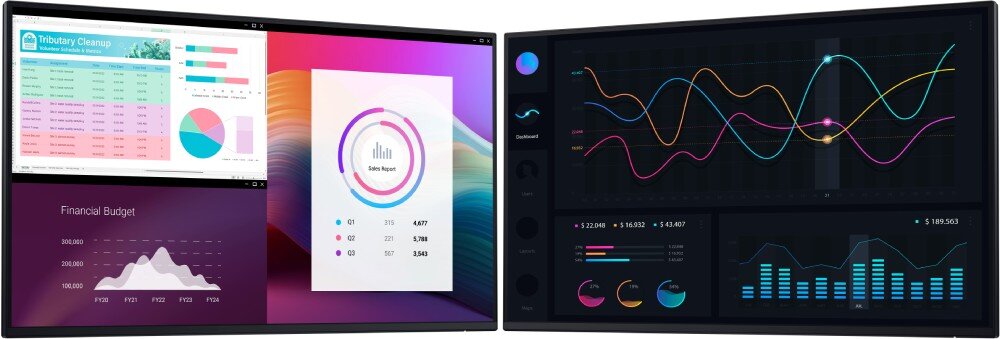 Monitor DELL P2725H 27 1920x1080px IPS 100Hz (bez podstawy) dwa monitory ustawione obok siebie lekko obrócone na boki z wyświetlonymi wykresami ochrona wzroku ComfortView Plus migotanie Flicker Free