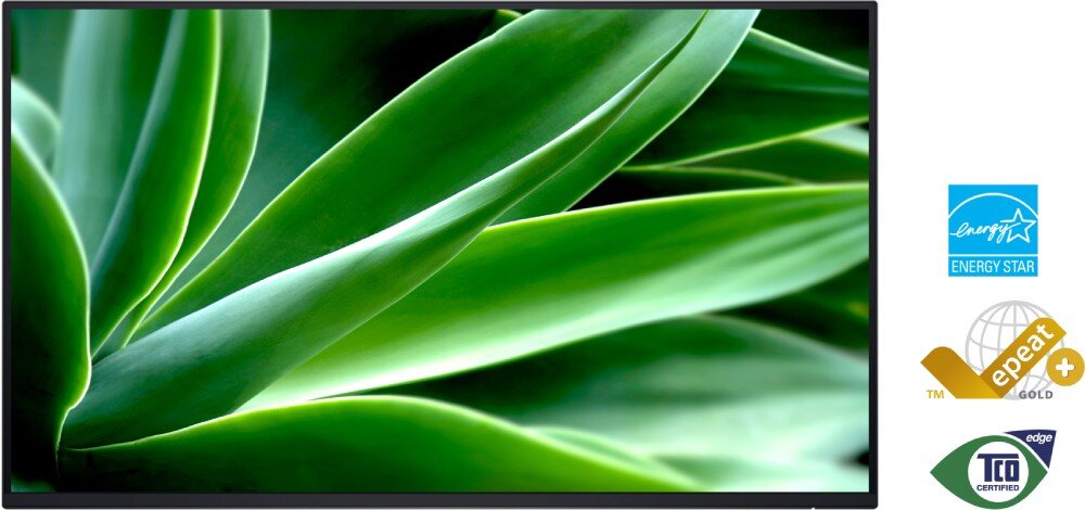 Monitor DELL P2725H 27 1920x1080px IPS 100Hz (bez podstawy) monitor z wyświetlaną fotografią liści z ikonami certyfikatów znajdującymi się obok ekologia środowisko recykling