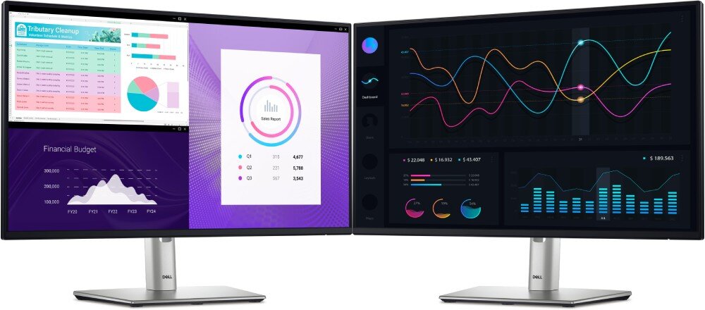 Monitor DELL P2425HE 23.8 1920×1080px IPS 100Hz dwa monitory ustawione obok siebie lekko obrócone na boki z wyświetlonymi wykresami ochrona wzroku ComfortView Plus migotanie Flicker Free