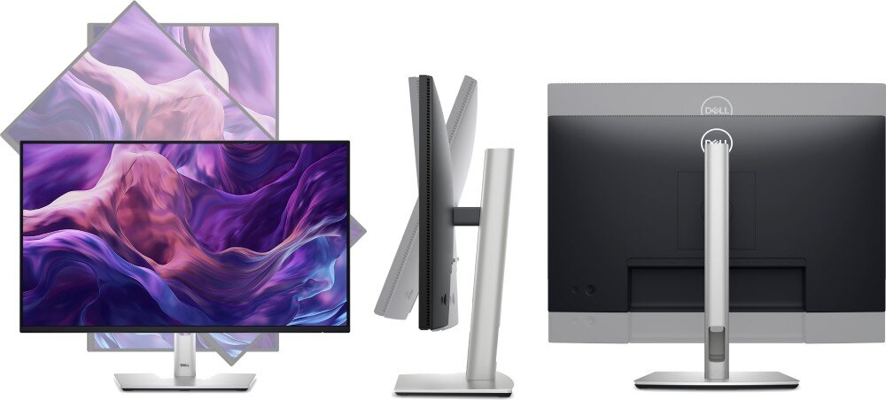 Monitor DELL P2425HE 23.8 1920×1080px IPS 100Hz trzy ujęcia monitora: na wprost, od boku i od góry z efektami ilustrującymi możliwość regulacji podstawa wysokość nachylenie pivot