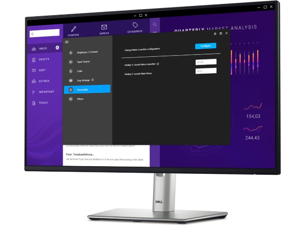 Monitor DELL P2425HE 23.8 1920×1080px IPS 100Hz monitor z wyświetlaną aplikacją Dell Display Manager z widocznym menu oraz opcjami narzędzia funkcje