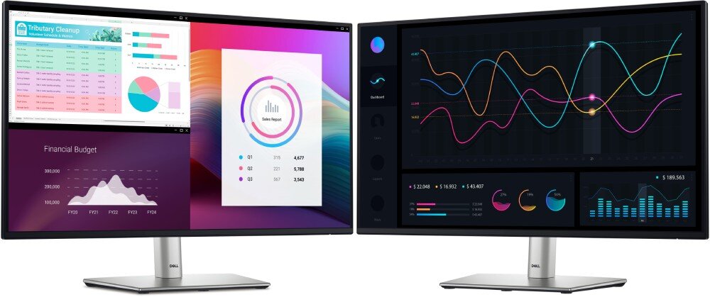 Monitor DELL P2725H 27 1920x1080px IPS 100Hz dwa monitory ustawione obok siebie lekko obrócone na boki z wyświetlonymi wykresami ochrona wzroku ComfortView Plus migotanie Flicker Free