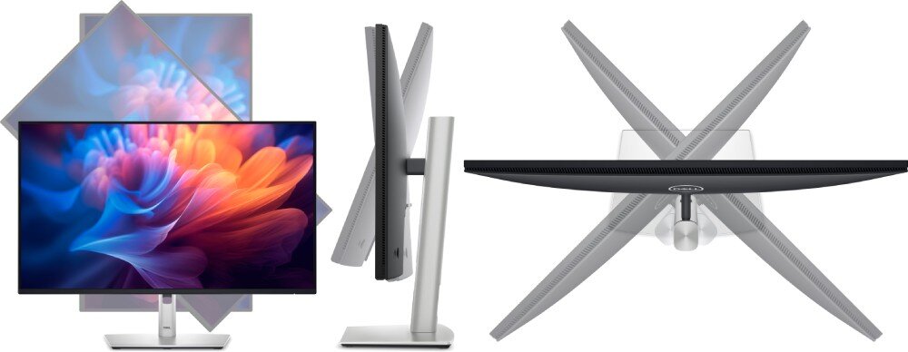 Monitor DELL P2725H 27 1920x1080px IPS 100Hz trzy ujęcia monitora: na wprost, od boku i od góry z efektami ilustrującymi możliwość regulacji podstawa wysokość nachylenie pivot
