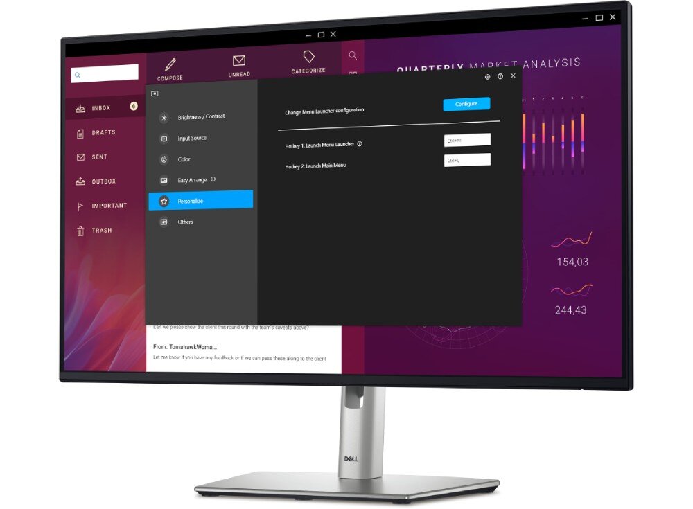 Monitor DELL P2725H 27 1920x1080px IPS 100Hz monitor z wyświetlaną aplikacją Dell Display Manager z widocznym menu oraz opcjami narzędzia funkcje
