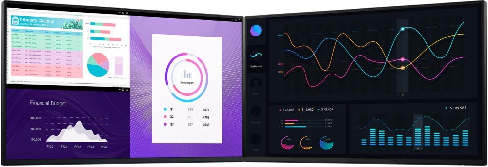 Monitor DELL P2425HE 23.8 1920×1080px IPS 100Hz (bez podstawy) dwa monitory ustawione obok siebie lekko obrócone na boki z wyświetlonymi wykresami ochrona wzroku ComfortView Plus migotanie Flicker Free