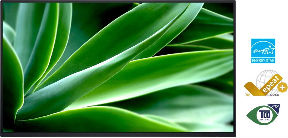 Monitor DELL P2425HE 23.8 1920×1080px IPS 100Hz (bez podstawy) monitor z wyświetlaną fotografią liści z ikonami certyfikatów znajdującymi się obok ekologia środowisko recykling