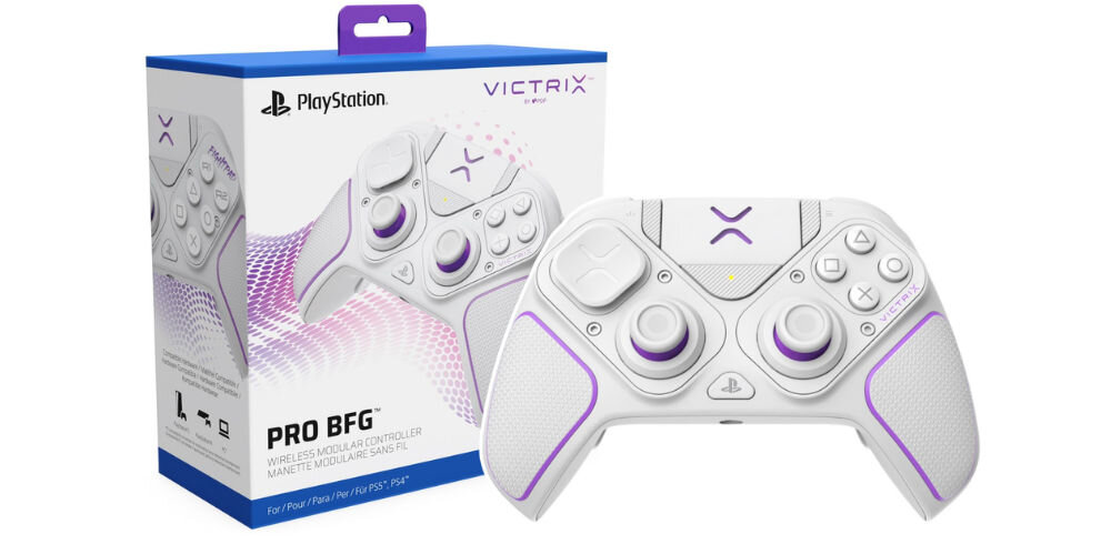 Kontroler PDP Victrix Pro BFG Biały prezentacja kontrolera oraz jego opakowania od przodu na białym tle