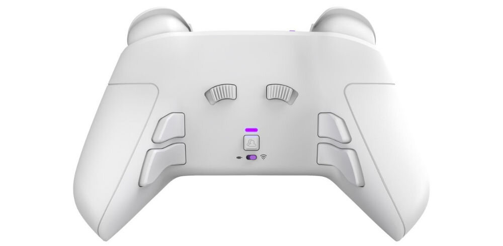 Kontroler PDP Victrix Pro BFG Biały prezentacja pada od tyłu na białym tle opatentowane Clutch Triggers pięć ustawień ograniczających zakres ruchu triggerów dostosowanie ich czułości tryb ultraczuły strzelanki gry wyścigowe