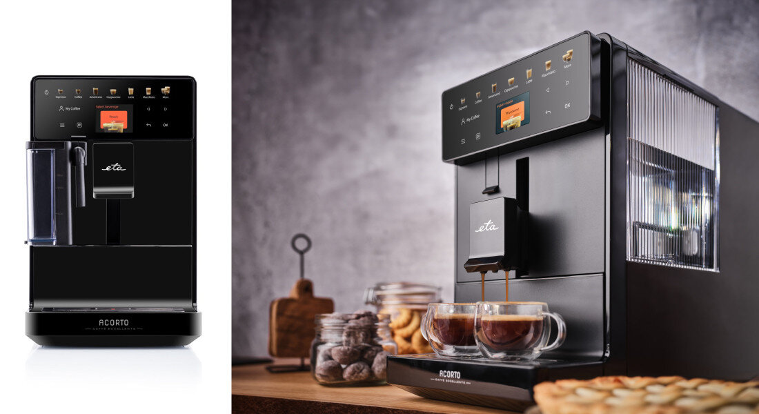 Ekspres ETA Acorto 918090000 Komfort użytkowania  higiena zbiornik woda mleko pojemność uzupełnianie i czyszczenie System CLICK&LATTE funkcja automatycznego czyszczenia systemu spieniania odkamieniania informacja woda kawa fusy odpadki
