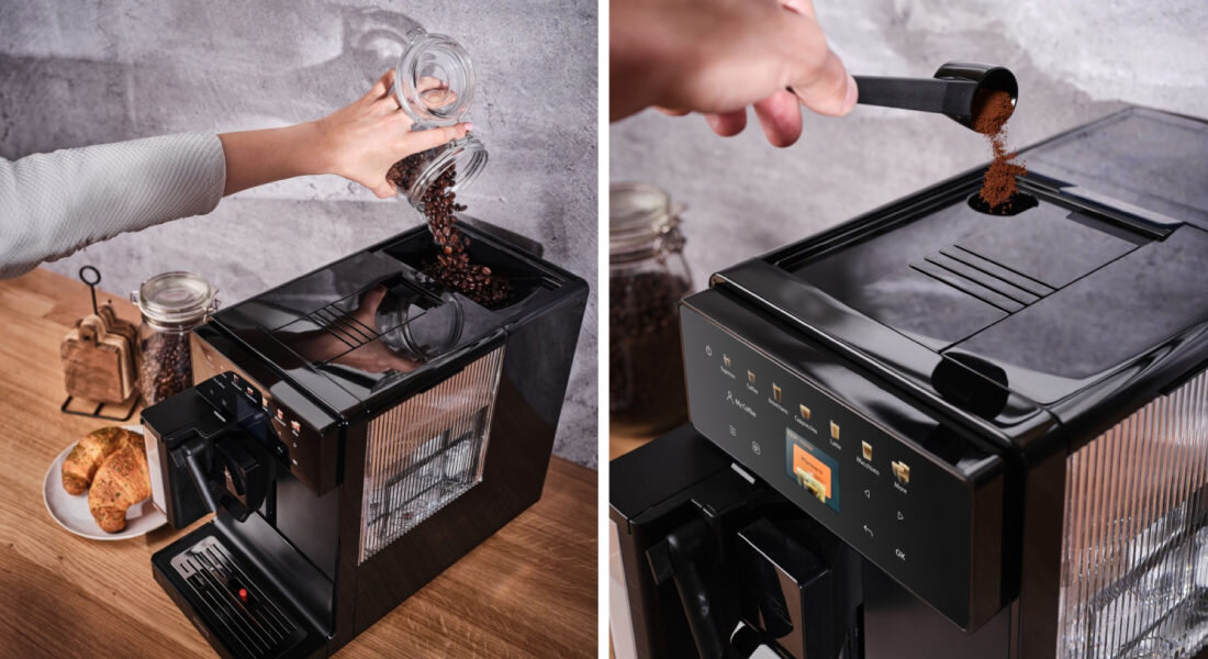 Ekspres ETA Acorto 918090000 Przemyślana konstrukcja Elegancki design regulowana wysokość dozownika wyjmowany zbiornik na fusy kawa miarka do kawy mielonej kawa dopasowanie preferencje