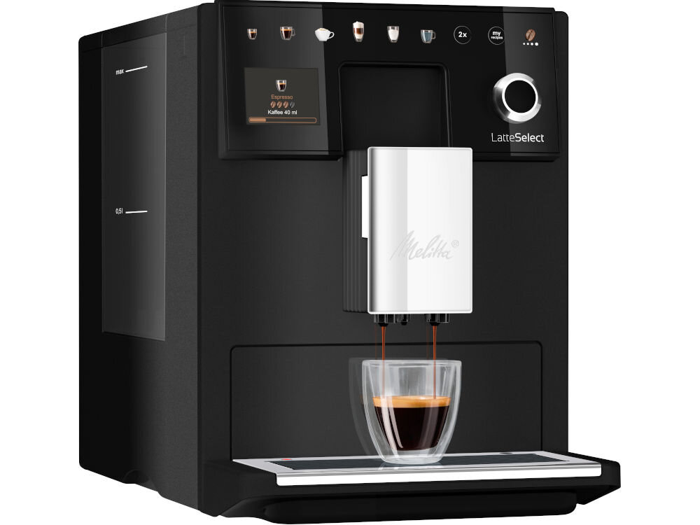 Ekspres MELITTA F630-212 LatteSelect Czarny zintegrowana funkcja herbaty rózne rodzaje herbaty zielona czarna biała ziołowa owocowa odpowiednia temoeratura wybór rodzaju herbaty automatyczne dostosowanie te,mperatury wody optymalny smak 