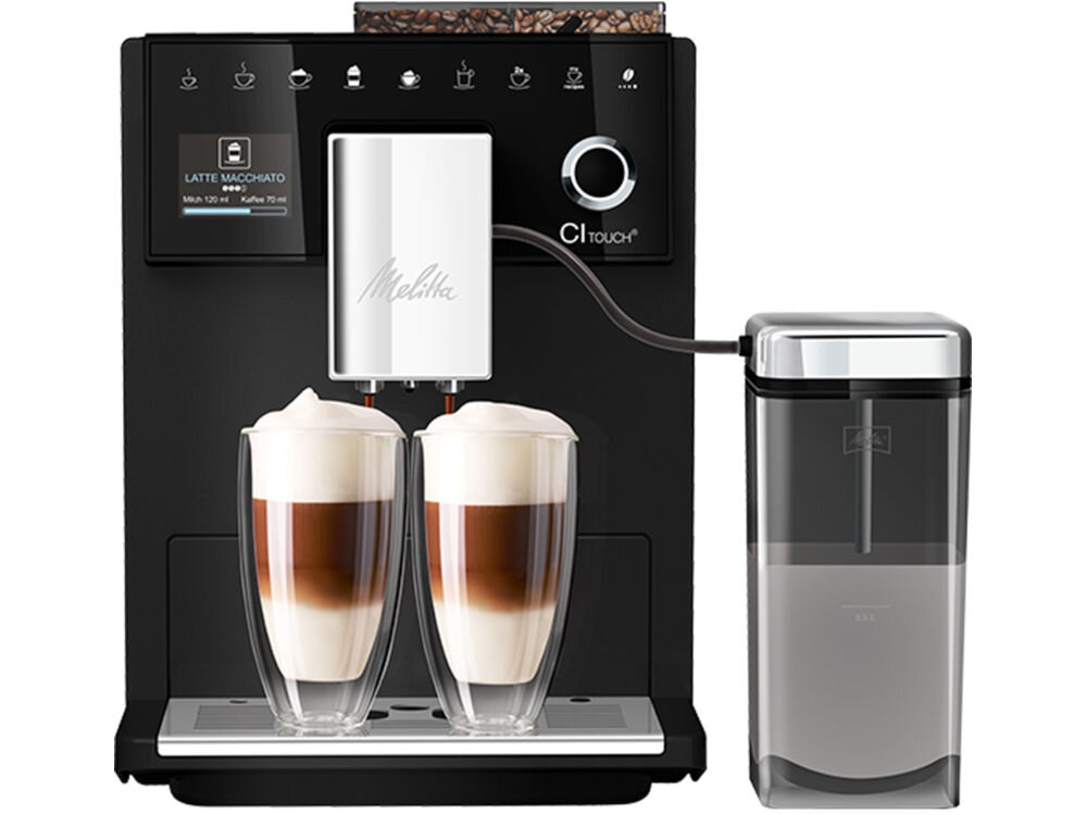 Ekspres MELITTA F630-112 Ci Touch Czarny moc 1400 W ciśnienie 15 bar doskonała jakość kawy funkcja wstępnego parzenia zwilżenie swieżo mielonej kawy optymalizuje czas kontaktu wody z kawą zapewnia intensywny smak intuicyjna obsługa dotykowa wybieranie dostosowywanie ulubionych napojów
