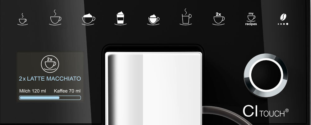 Ekspres MELITTA F630-111 Ci Touch Srebrny informuje o konieczności czyszczenia odkamienienia proste instrukcje wyświetlacz TFT wyjmowany blok zaparzający stosowanie filtra minimalizacja osadzania się kamienia tryb oszczędzania energii auto-off ekonomiczne ekologiczne użytkowanie 