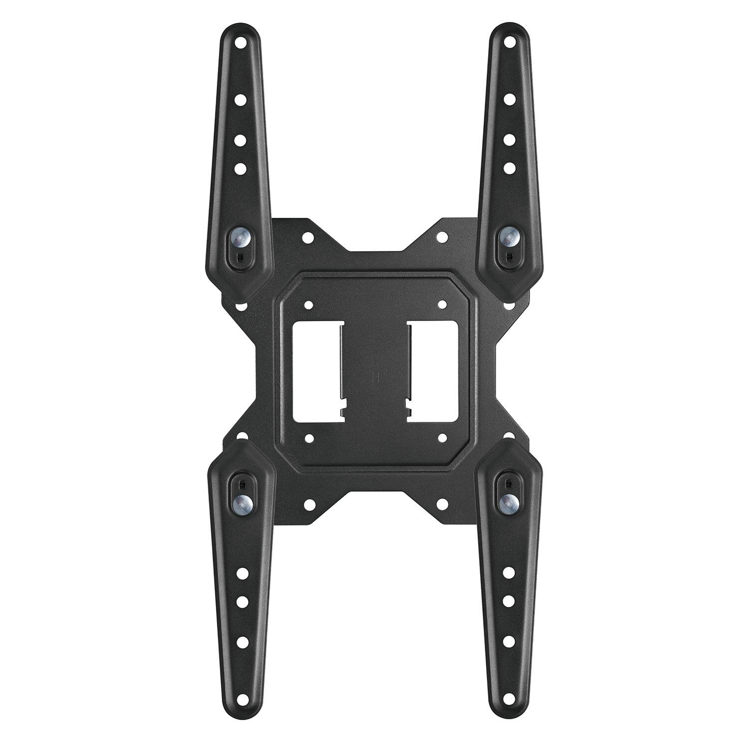 Czarny uchwyt do TV lub monitora z otworami montażowymi, przeznaczony do ekranów o rozmiarze od 23 do 55 cali. Konstrukcja posiada otwory na śruby i jest wykonana z metalu.