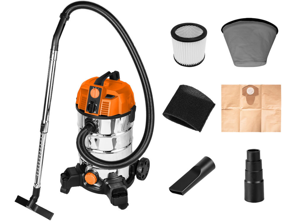 Odkurzacz przemysłowy NEO TOOLS 04-739 wąż ssacy torba papierowa do zbierania kurzu dysza szczelinowa 3 rury przedłużające o średnicy 35 mm szczotka do pracy na mokro filtr typu HEPA, filtr typu Dacron filtr piankowy końcówka redukcyjna dokumentacja