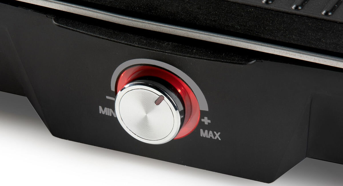 Grill elektryczny DOMO DO9260G, regulacja, składniki, wygodne, płynne, Pokrętło regulacji temperatury grilla DOMO DO9260G, podświetlone na czerwono podczas ogrzewania.