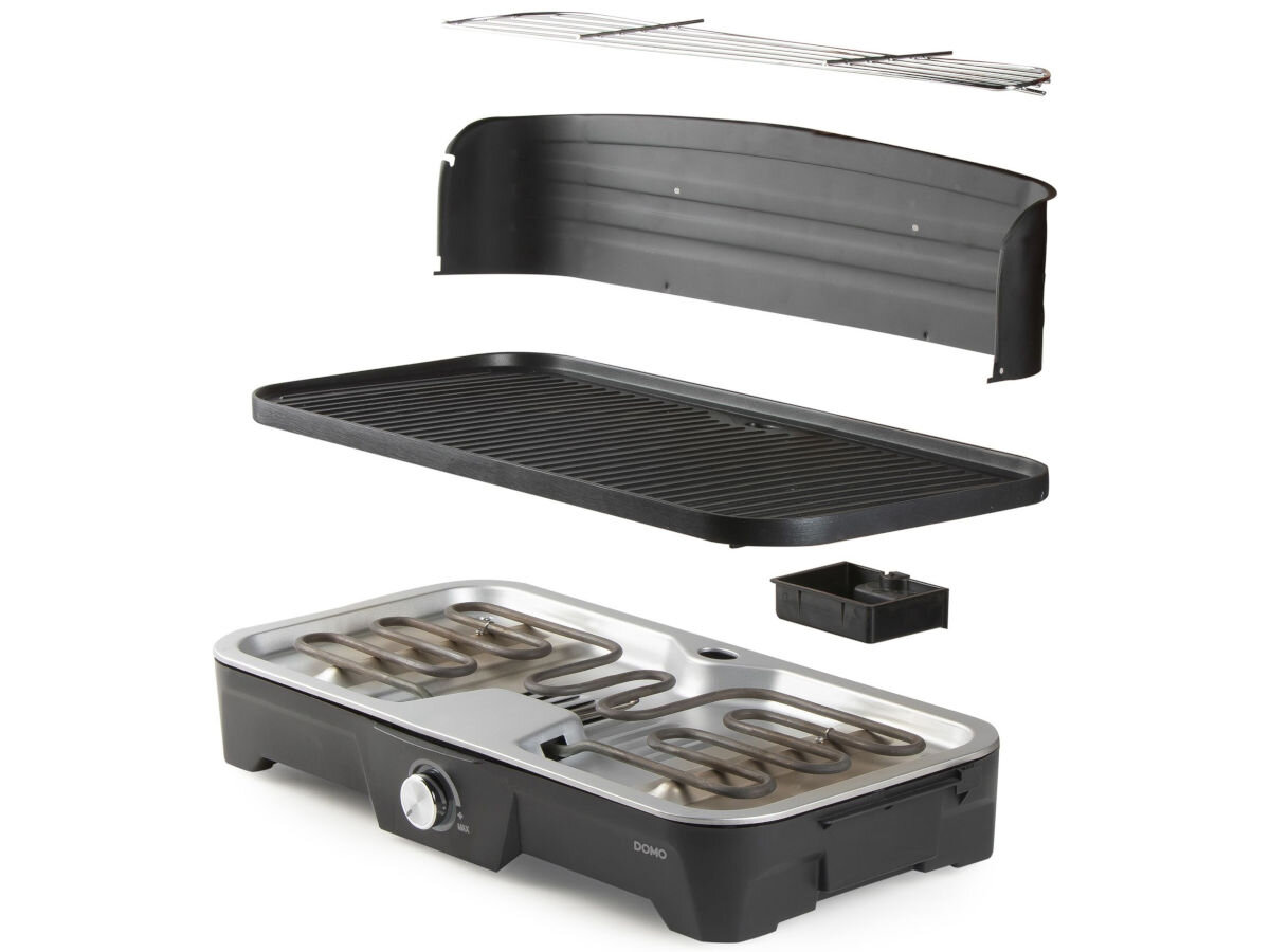 Grill elektryczny DOMO DO9260G, temperatura, uruchomienie, płyta, niespodziewani, Rozłożone elementy grilla DOMO DO9260G – widoczna płyta grzewcza, ruszt, osłona przeciwwiatrowa i tacka ociekowa, obraz poglądowy zestawu.