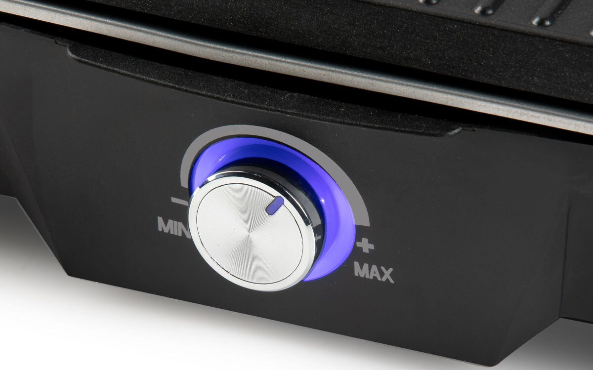 Grill elektryczny DOMO DO9260G, ryzyko, przypalenia, wyposażony, kontrolne, Pokrętło regulacji temperatury grilla DOMO DO9260G podświetlone na niebiesko, widok z bliska.