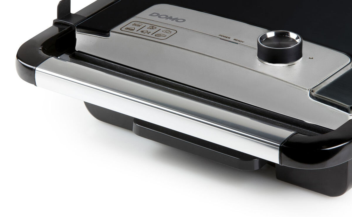 Grill elektryczny DOMO DO9245G, bezpieczeństwo, izolacja termiczna, ochrona przed przegrzaniem, wygodne przechowywanie, Zbliżenie na uchwyt oraz fragment panelu grilla Domo DO9245G, widoczne pokrętło oraz wskaźniki POWER/READY