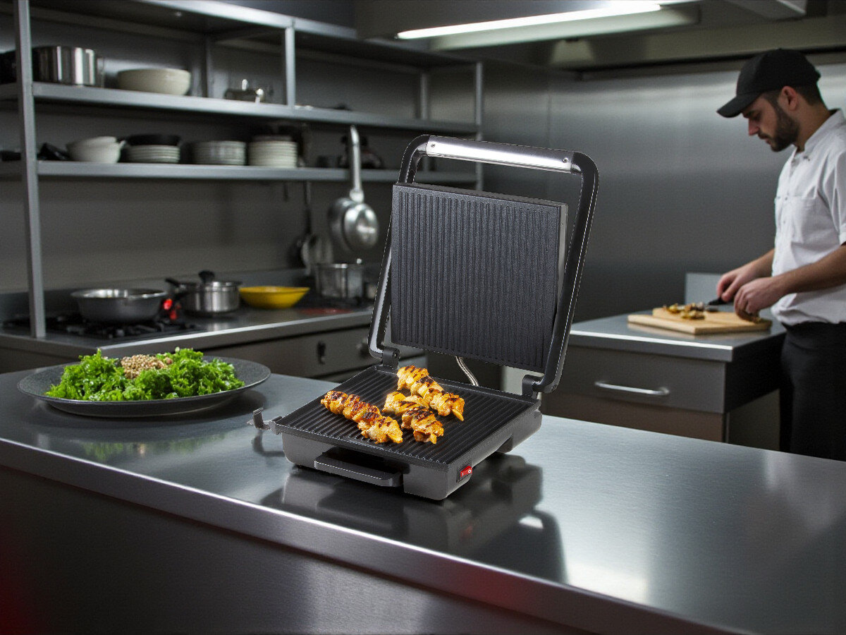 Grill elektryczny DOMO DO9245G, grill rodzinny, dla gości, szybka obsługa, wspólne gotowanie, Grill Domo DO9245G otwarty, patyczki z grillowanym mięsem i warzywami, kucharz przy blacie z tyłu, stalowa kuchnia