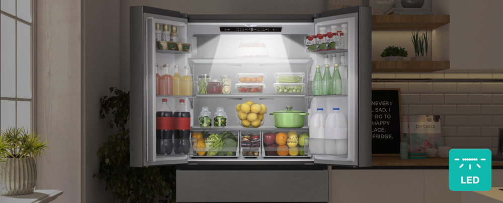 LODÓWKA GORENJE NRM818EUX wizualizacja chłodziarka otwarta pełna jasne wnętrze Oświetlenie LED oszczędne