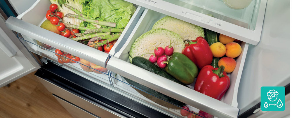 LODÓWKA GORENJE NRM818EUX wizualizacja otwarta chłodziarka szuflada pojemna warzywa owoce szuflada CrispZone regulacja wilgotności warzywa owoce świeżość