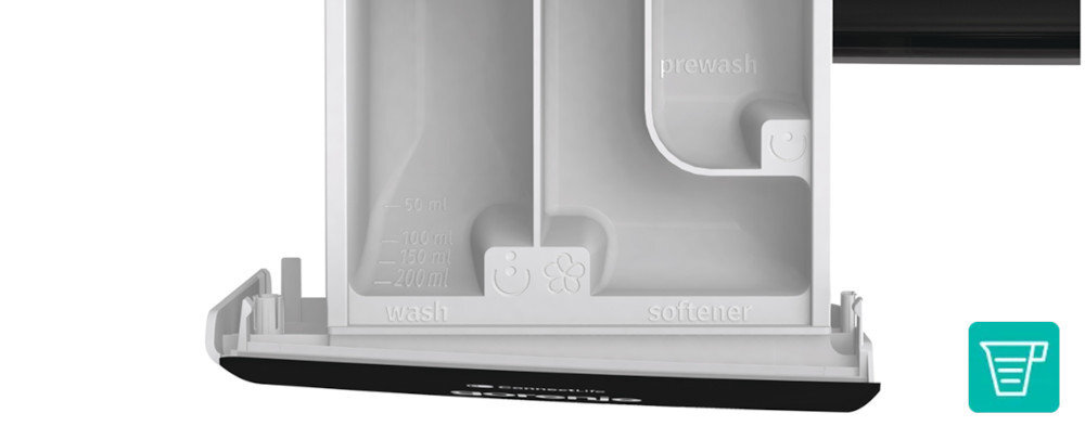 Pralka GORENJE WNS14A4TWIFI/PL widok od góry dozownik szufladka na detergent pusta miarka pojemność oznaczenia przegródki asystent dozowania DoseAid skuteczne oszczędne pranie