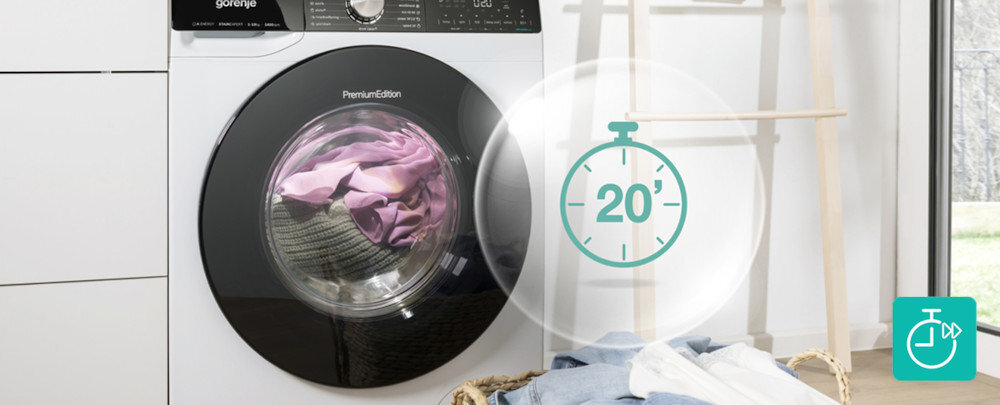 Pralka GORENJE WNS14A4TWIFI/PL lifestyle ikona czas zegar pralka front kosz z ubraniami Program szybki 20’ odświeżanie Quick Program 20 minut lekkie zabrudzenia
