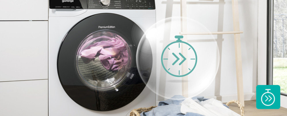 Pralka GORENJE WNS14A4TWIFI/PL lifestyle ikona grafika czas pralka front kosz z ubraniami Skróć czas prania Fast Washing skrócenie czasy prania szybki cykl bez utraty jakości