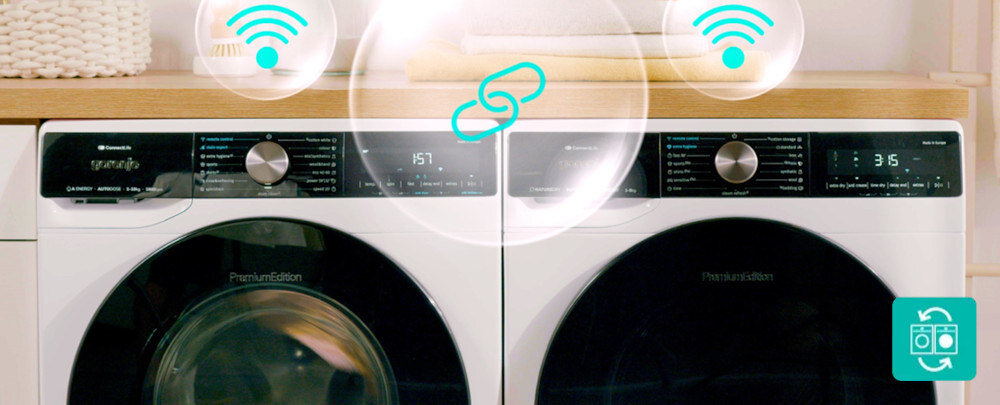 Pralka GORENJE WNS14A4TWIFI/PL lifestyle dwa urządzenie ikona połączenia WI-FI panele sterowanie pokrętła Komunikacja pralki z suszarką Dry Sync bez ręcznego ustawiania kompatybilność