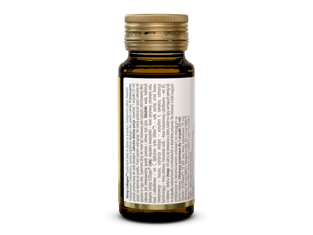 Kolagen OLIMP Ananasowy 25 ml mieszanka siedmiu wysokiej jakosci skladnikow aktywnych dla osob doroslych shot ampulka 25 ml do 10 g kolagen rybiego w formie hydrolizatu kwas hialuronowy witamina C ryboflawina niacyna biotyna cynk