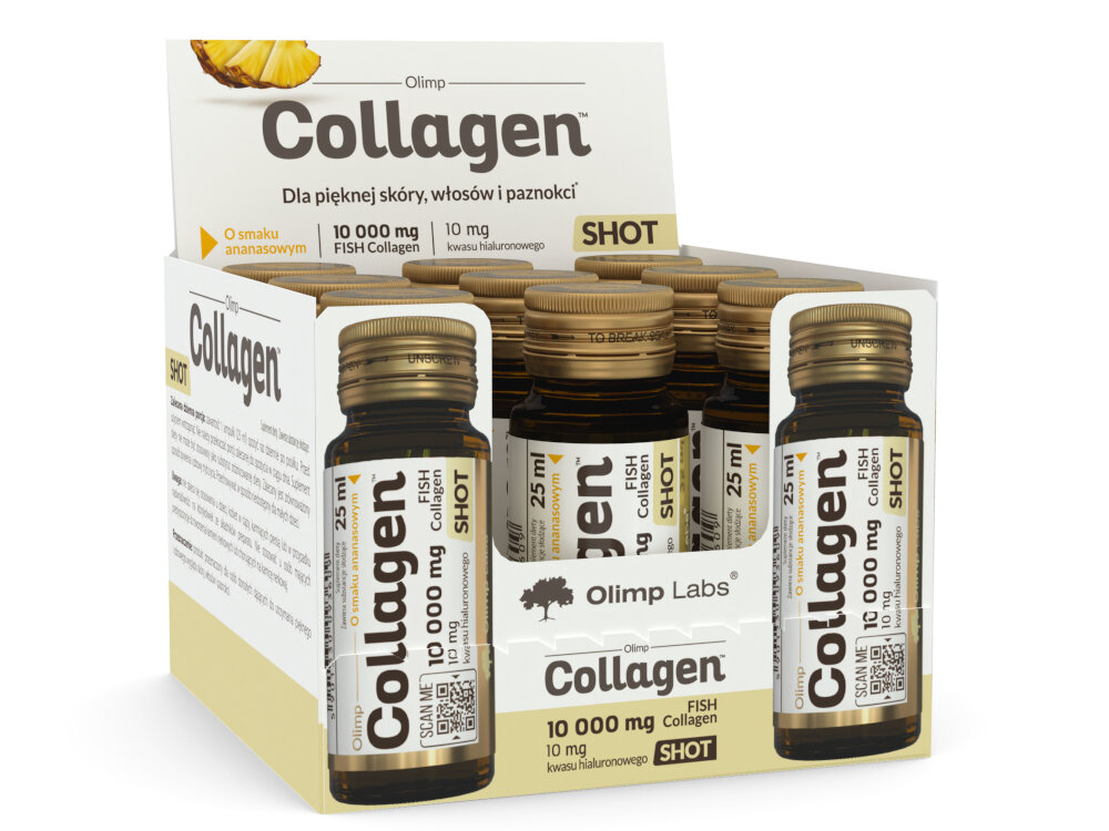 Kolagen OLIMP Ananasowy 25 ml uzupelnienie diety w kolagen skladniki aktywne kwas hialuronowy witamina C ryboflawina niacyna biotyna cynk produkt o kompleksowym skladzie