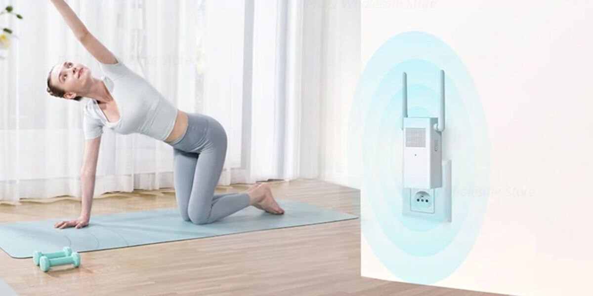 Dzwonek bezprzewodowy IMOU DB60 Kit, nietuzinkowy, bezpieczeństwo, rozdzielczość, matryca, kobieta w tle ćwiczy jogę, na pierwszym planie odbiornik dzwonka