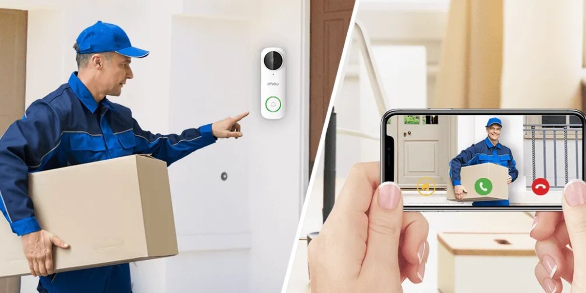 Dzwonek bezprzewodowy IMOU DB61i-W-D4P, widoczność, ciemność, bezpiecznie, niezależnie, 2 zdjęcia w 1 wizualizujące kuriera przed dzwonkiem oraz smartfon z aplikacją imou i wgląd na kuriera przez smartfona