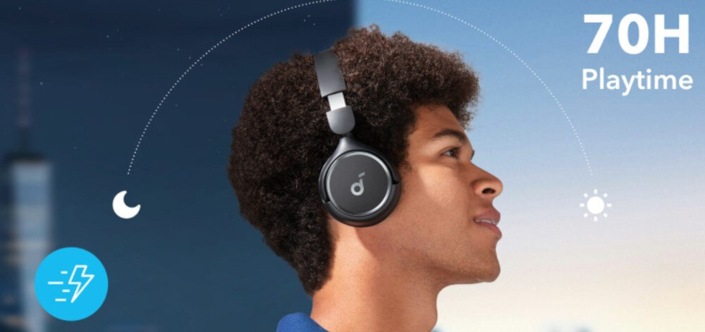 Słuchawki nauszne SOUNDCORE H30i bateria 70 godzin bezprzewodowe ładowanie USB-C, osoba z załozonymi słuchawkami nausznymi na tle dnia i nocy