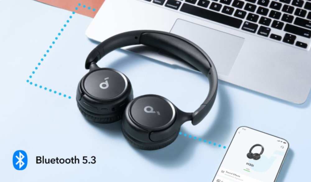 Słuchawki nauszne SOUNDCORE H30i Bluetooth 5.3 multipoint łączność bezprzewodowa, słuchawki leżące na biurku obok smartfona oraz laptopa
