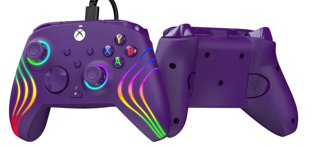 Kontroler PDP Afterglow Wave Xbox S/X/One/PC Fioletowy prezentacja kontrolera od przodu i od tyłu na białym tle