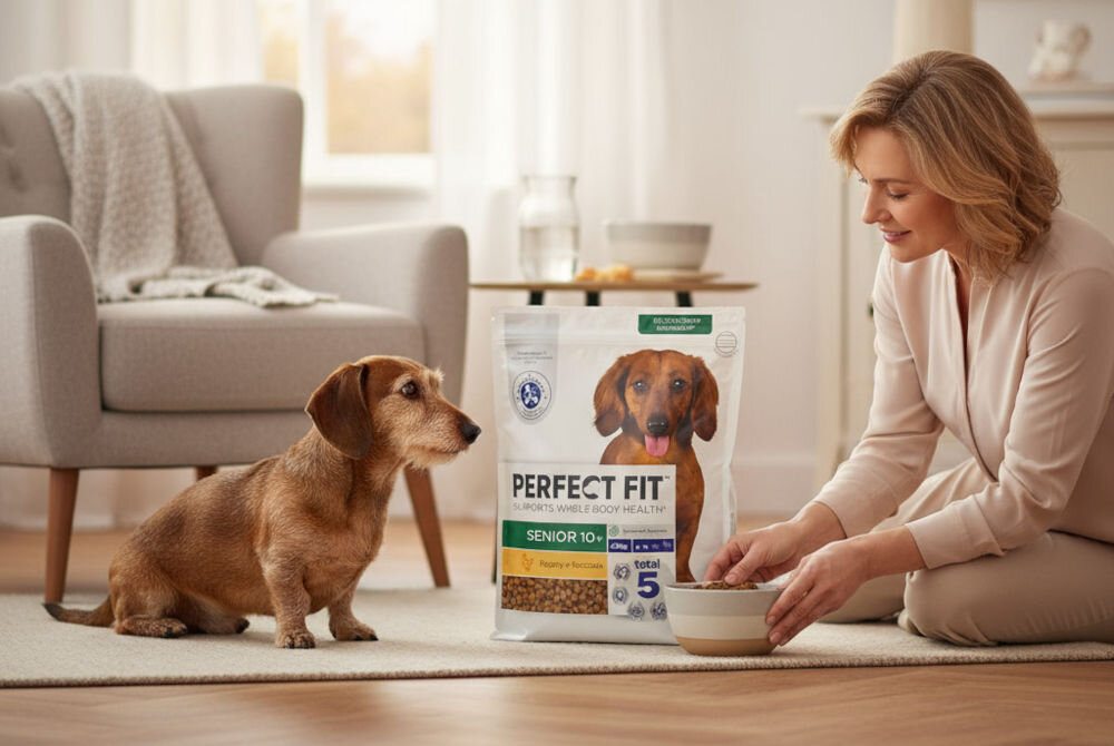 Karma dla psa PERFECT FIT Senior 10+ Kurczak 825 g Kobieta klęczy na dywanie w salonie, wsypując karmę Perfect Fit Senior 10+ Bogata w Kurczaka do miski. Obok niej siedzi mały, brązowy jamnik.
